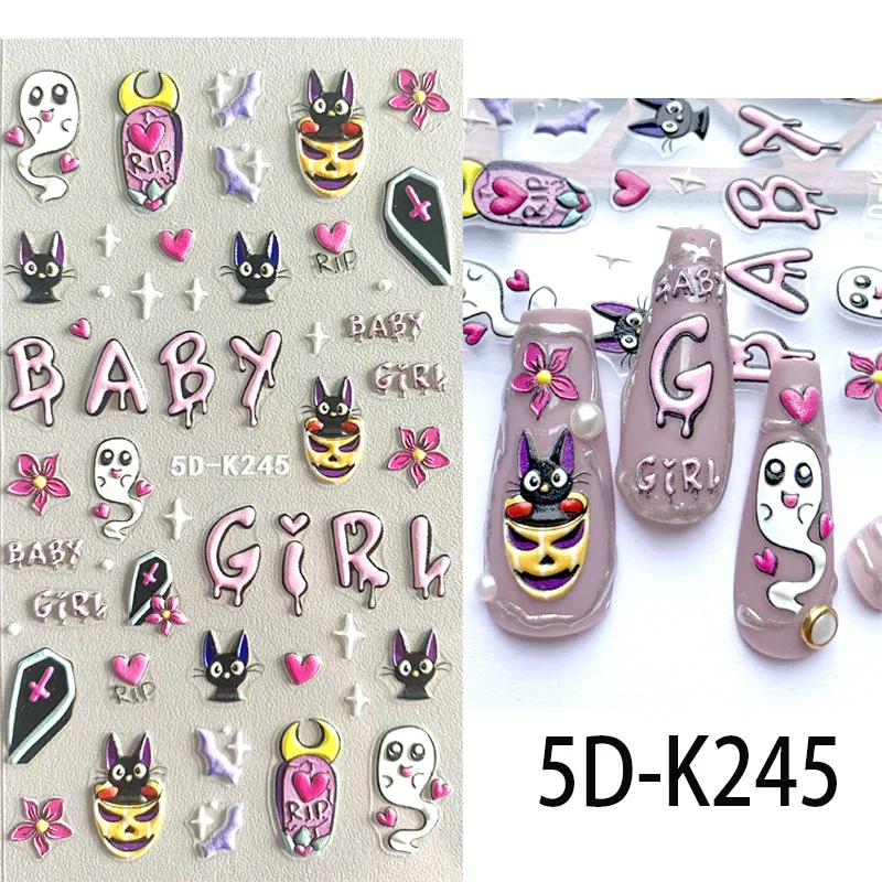 5D Realistic Relief Happy Halloween Prank Cute Skull Ghost Jack-o'-lantern Adhesive Nail Art Stickers Decals Manicure Charms 3
