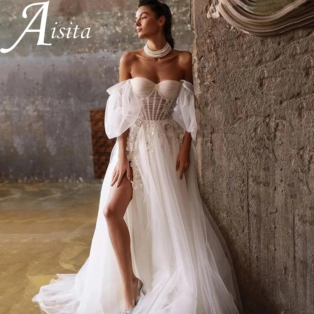 

Captivating Lace Appliques Wedding Dress Sweetheart Short Puffy Sleeves Bridal Gown Lace Up Back Sweep Train Vestidos De Novia