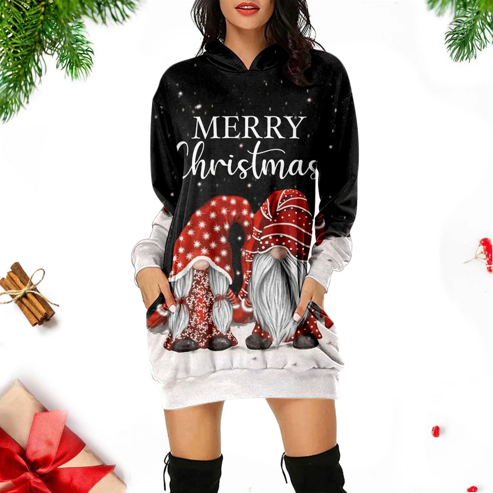 

Худи женское из 100 полиэстера с капюшоном, платье для женщин, Рождественский принт, рубашки с длинным рукавом, зимний комплект из свитшота для женщин