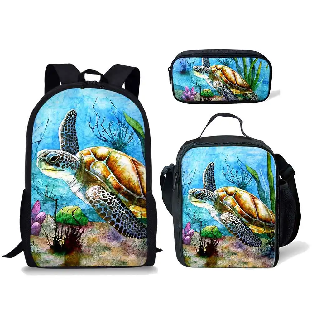 Popular Novelty Trendy Turtle Pattern 3pcs/Set Backpack 3D Print Student Bookbag Travel Laptop Daypack Lunch Bags Pencil Case