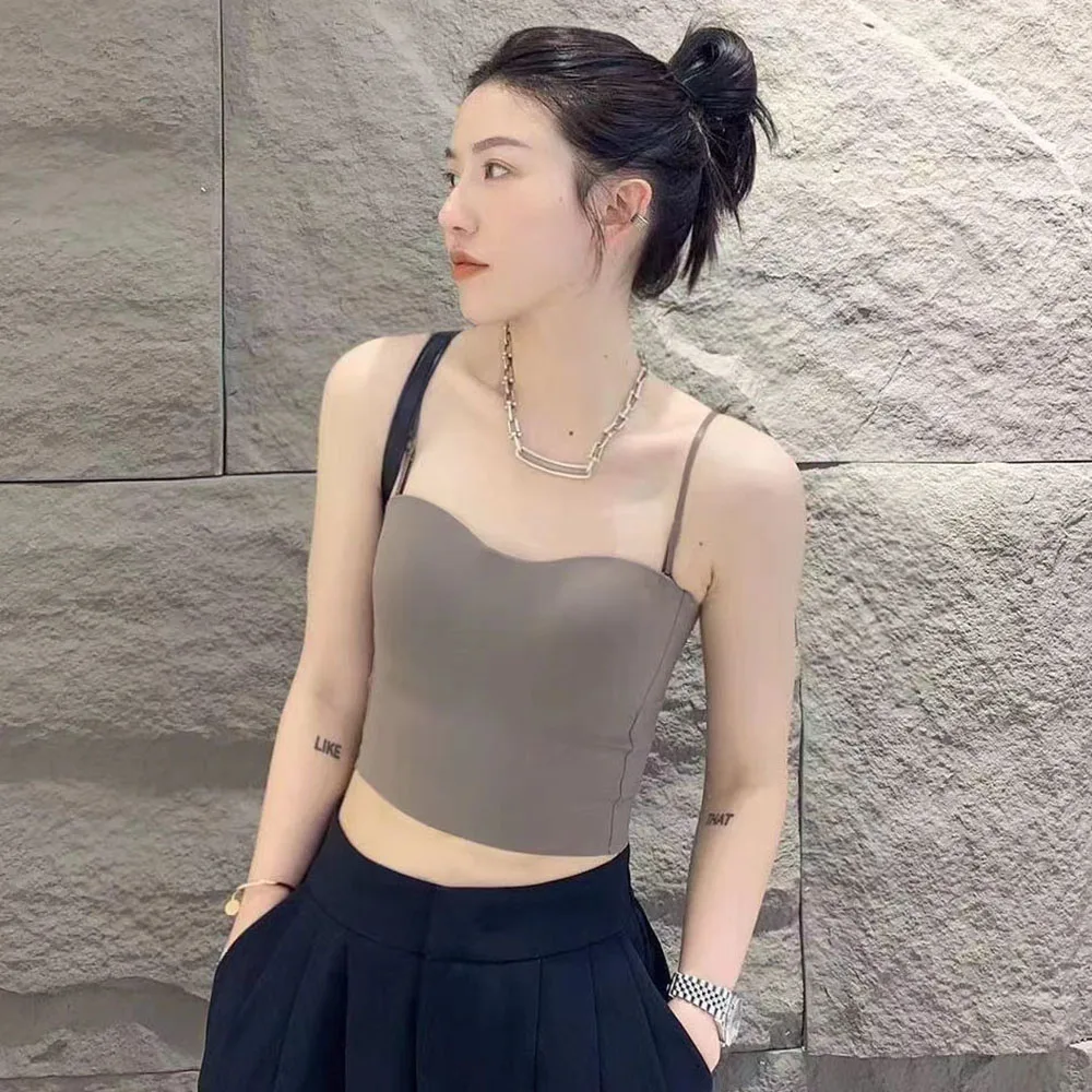 

Women Ice Silk Crop Tops Solid Color Seamless Camisole Wireless Underwear One-Piece Padded Bra Bralette Vest All-match Tank Top