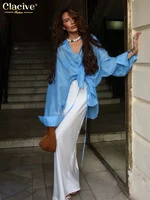 Clacive Fashion Loose Blue Women's Blouse 2025 Sexy Lapel Long Sleeve Shirt Elegant Classic Solid Blusas Tops Female Clothing - Image 5