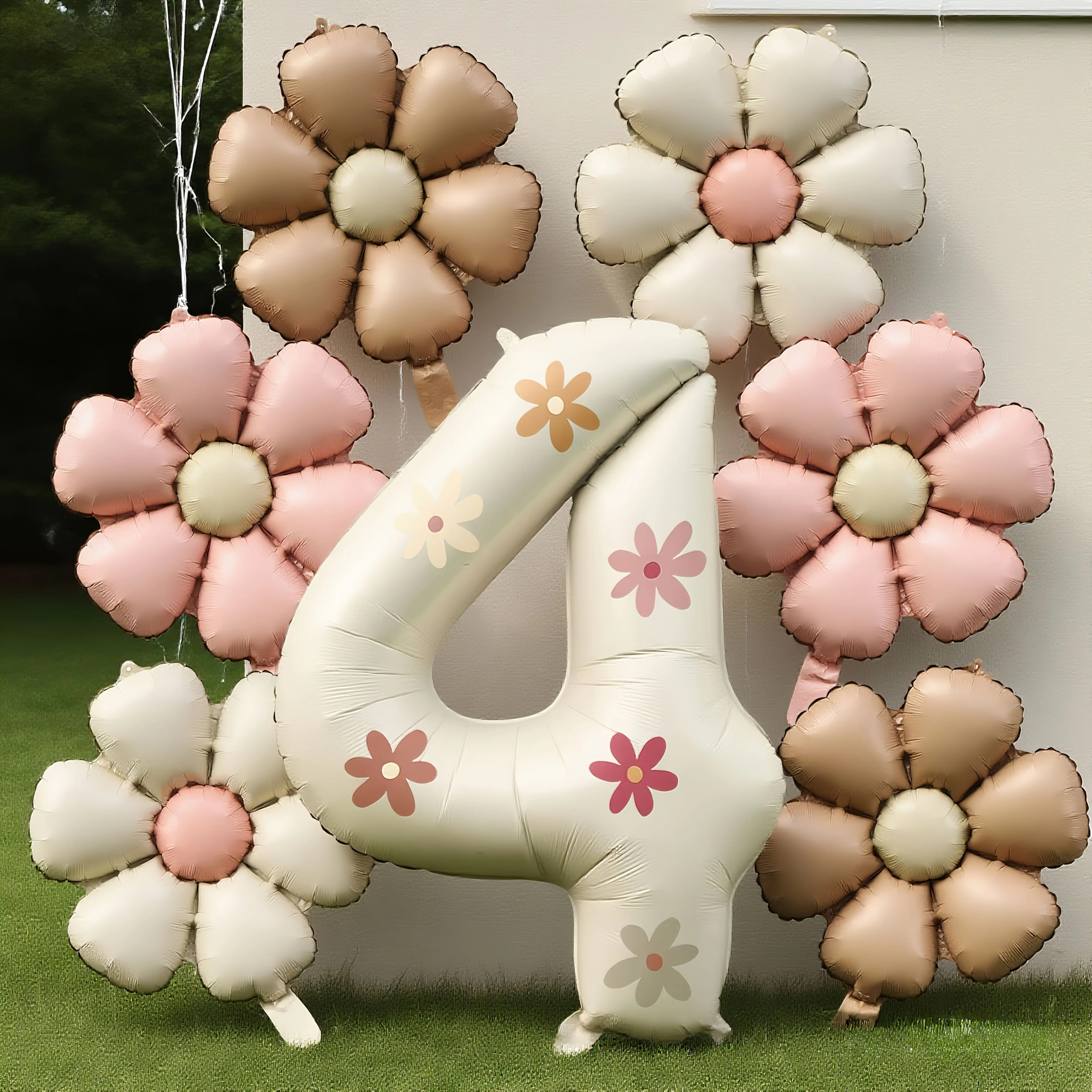 Cremeweiße Folien-Zahlenballons 0-9 mit Blumenaufklebern und 6 Gänseblümchen-Luftballons im Set – Zubehör für Geburtstag, Hochzeit, Party, Dekoration – Detail 10