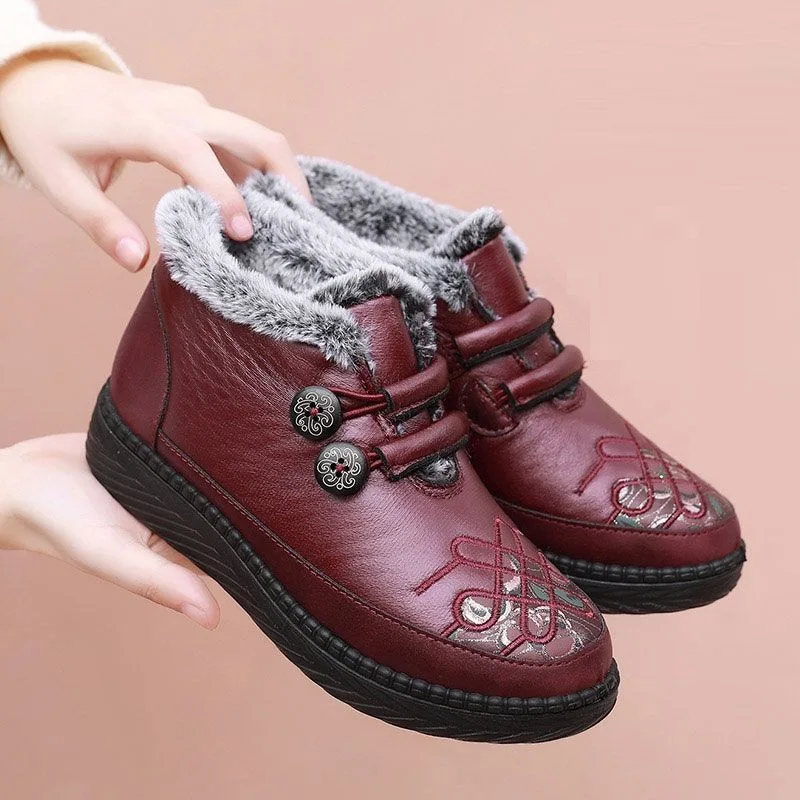 Women Boots Snow Leather Waterproof Non Slip Winter Boots Women's Thick Plush Warm Non-slip Booties Mother cotton shoes