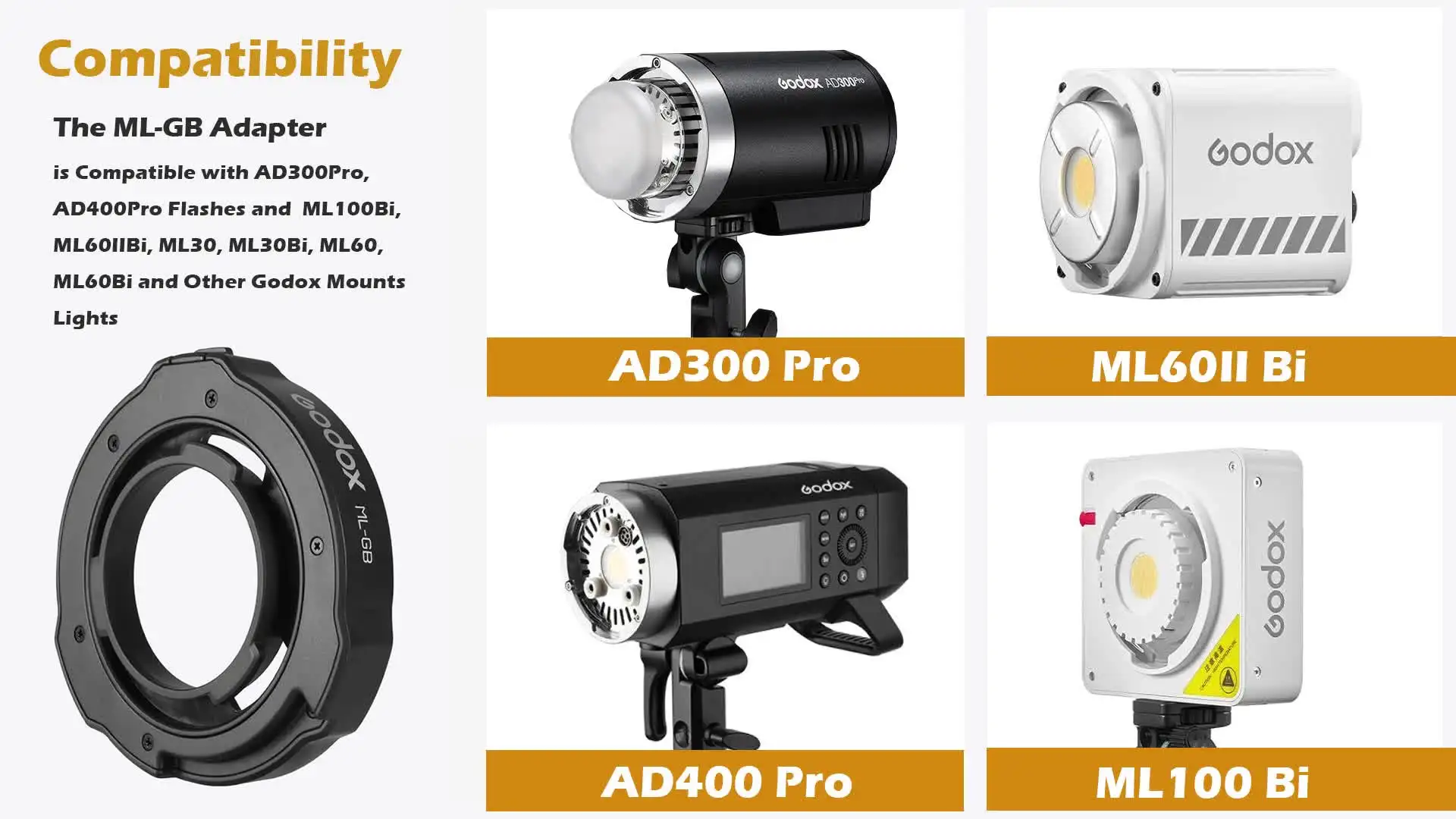 Godox ML-GB Bowens Adapter for Godox AD300Pro AD400Pro Flash Godox ML100Bi Godox