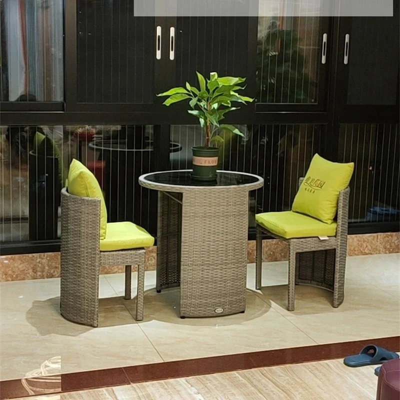 Courtyard Terrace Outdoor Round Table and Chairs Balcony Rattan Garden Furniture Set Three-piece Patio Leisure Table and Chairs