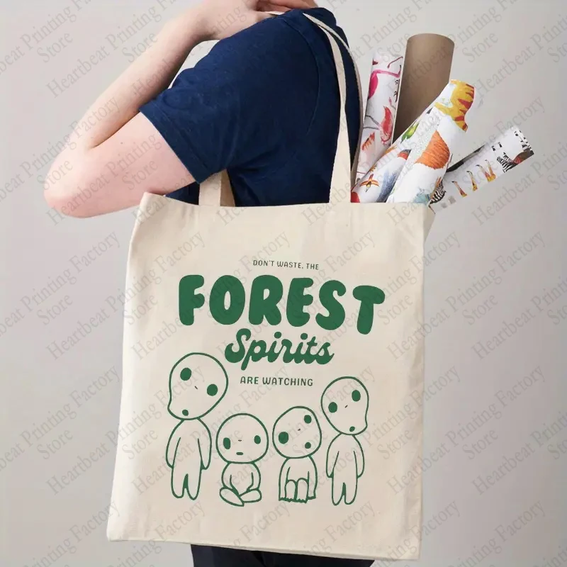 Фото Сумки-тоуты Kodama Forest Pattren, Подарочная сумка в стиле аниме, милая сумка в стиле Kawaii для подарка на день рождения, винтажные подарочные холщовые сумки для покупок в стиле аниме №2