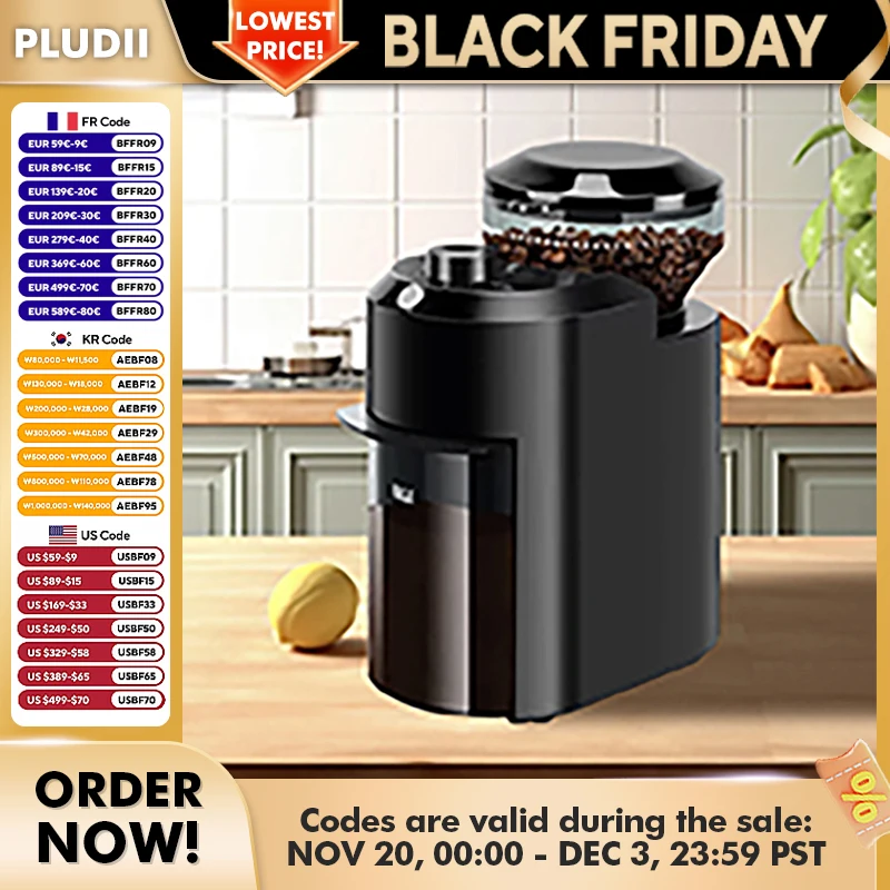 Stainless Steel Auto Burr Coffee Grinder 2-12 Cup Adjustable Detachable 500RPM Electric Bean Mill Home Barista Coffee Lover Use