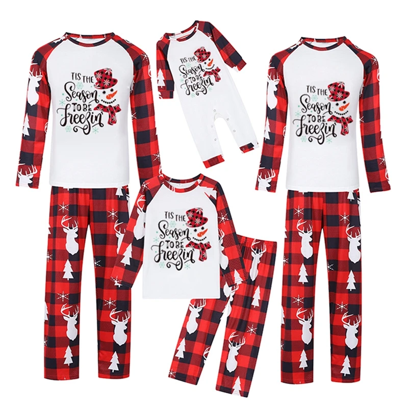 thumbnail image 2 of Conjunto de pijamas familiares navideños Combhasaki, camiseta de retazos con estampado de letras de muñeco de nieve y pantalones a cuadros, ropa de dormir para estar en casa, 2 of 5