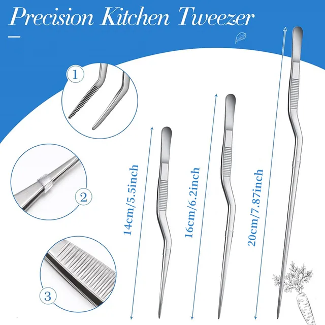 3 Sizes Stainless Steel Precision Kitchen Chef Tongs Tweezers for Food Cooking Picnic Barbecue Cake Decorating 14cm 16cm 20cm 3