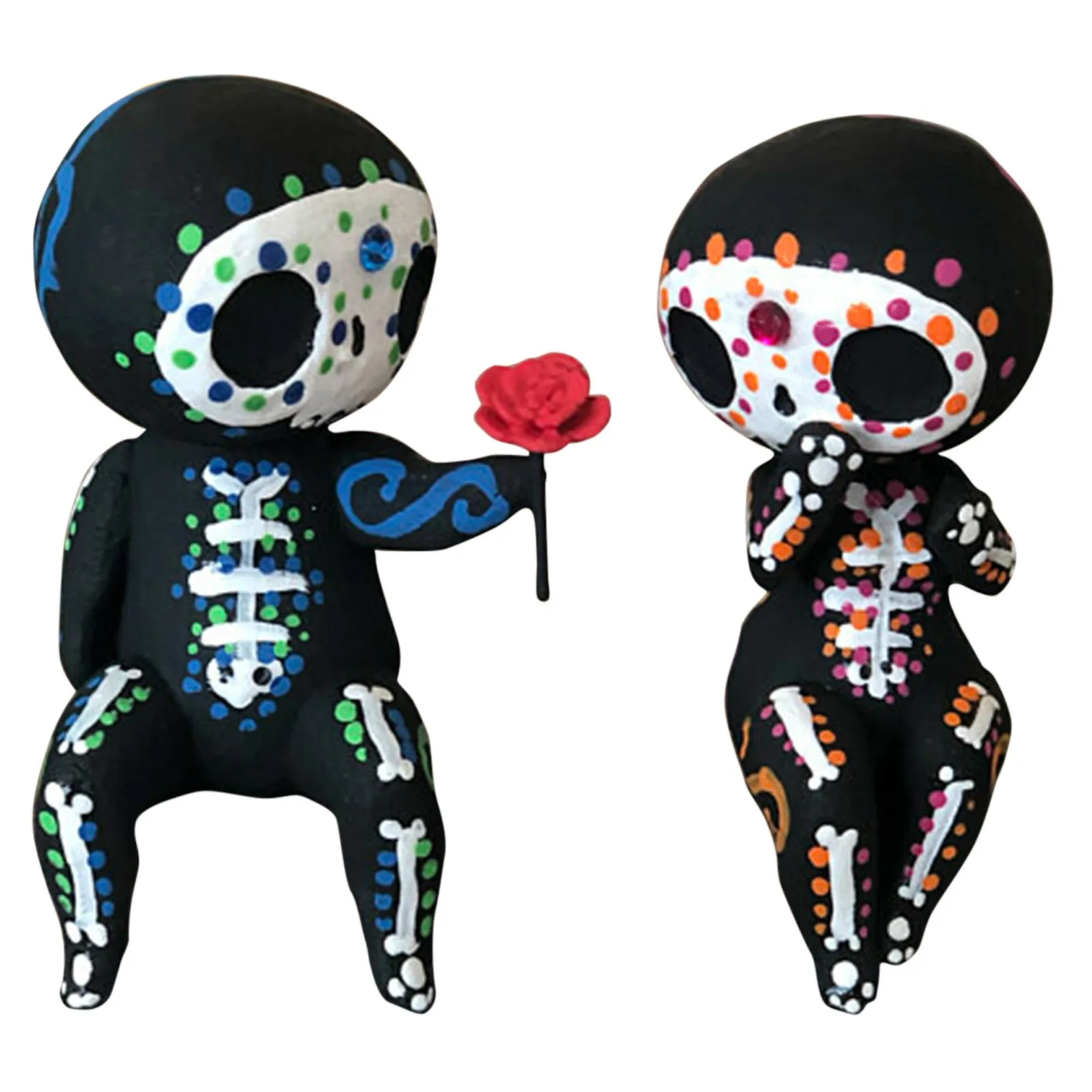 2pcs/set Lovers Couple Miniature Mini Doll Sugar Skull Couple Statue Cute Resin Crafts Home Decoration Accessories Ornaments
