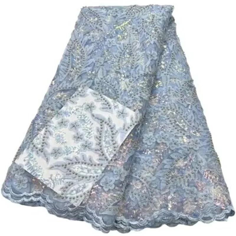 

Французская сетчатая Флокированная кружевная ткань с блестками 2023 синий/Золотой африканский тюль с бусинами кружевная ткань для шитья роскошных свадебных платьев