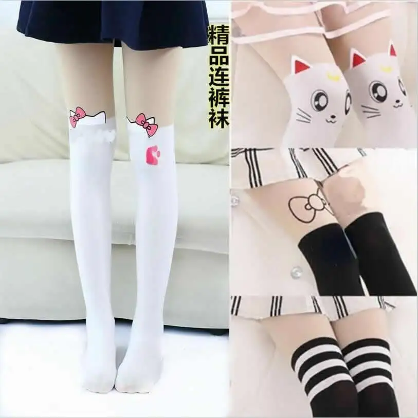 4 To 14 Year Children's Girls Thin Tights Pantyhose Knee Fake Tattoo Velvet Stocking Cartoon Kitty Cat kids pantyhose