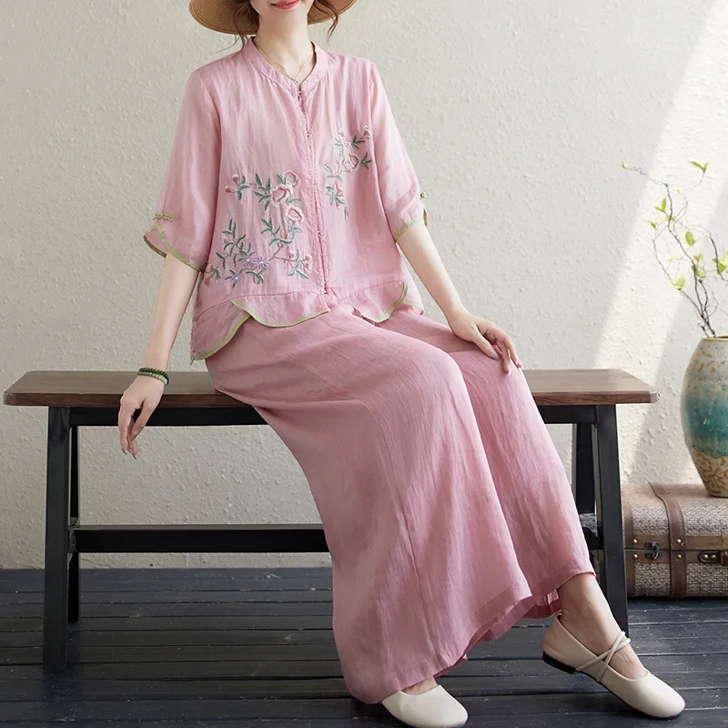 레트로 중국 스타일 헤비 자수 린넨 스탠드 칼라 젠 버튼 오픈 가디건 와이드 레그 팬츠 세트 전통 문화 패션