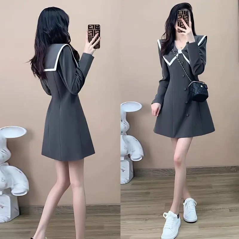 

Preppy Style Sailor Collar Single Breasted Pullover A-Line Above Knee Mini Dress Oversized 3XL Elegant Summer 2023 Slim Solid