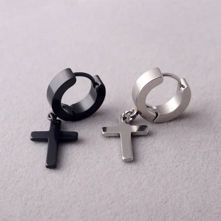 

Hot Fashion Punk Men Women Cross Pendientes Silver Color Black Stainless Steel Jesus Cross Charm Hoop Huggie Earrings Jewelry