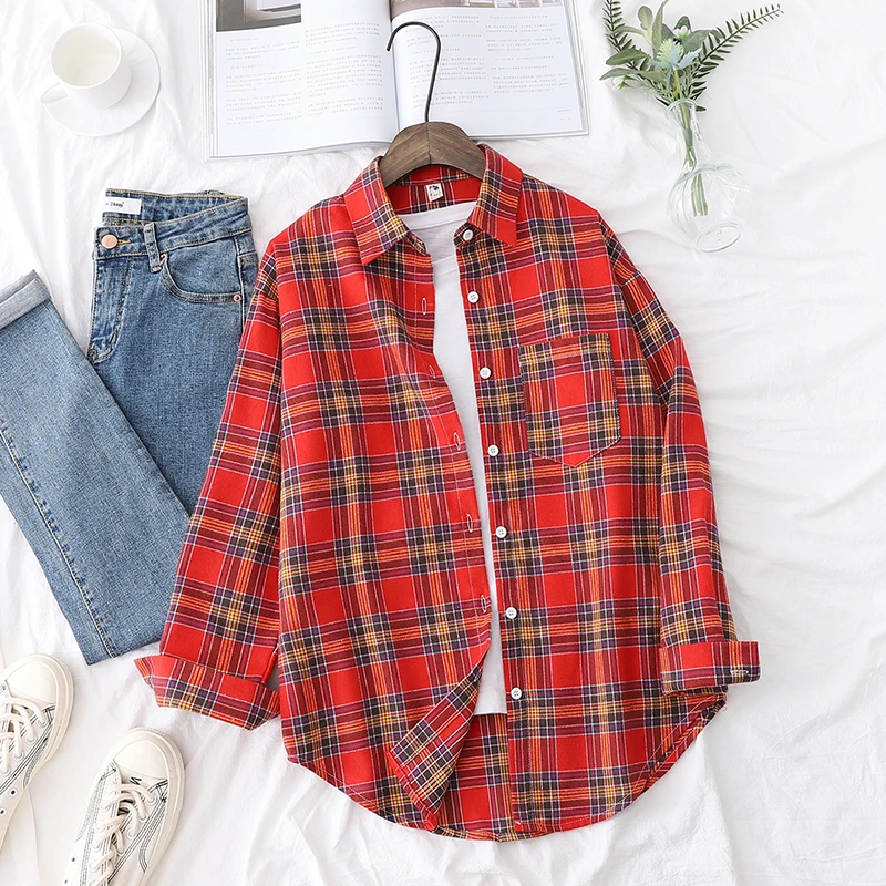 2022 New And Tops Long Sleeve Casual Female Checked  Fresh College Style Design Blouses Clothes Fashion Loose Womens Plaid Shirt varofi spliced checked high waisted jeans plaid jeans y2k jeans women jeans patchwork jeans wide leg jeans plaid jeans