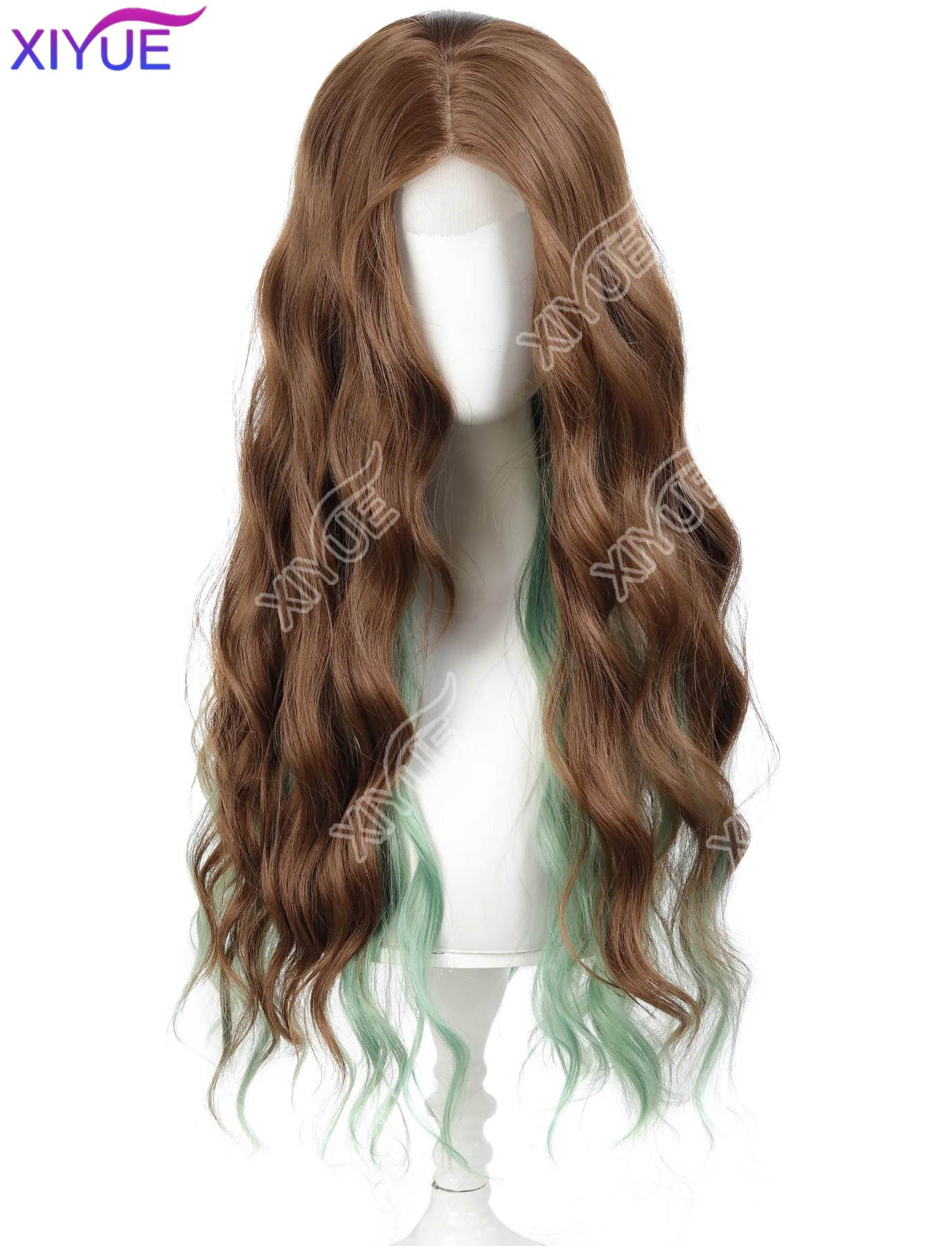 XIYUE Front lace Long Curly Brown highlights green Wave Synthetic Wigs with Bangs for Women Christmas Cosplay Wigs