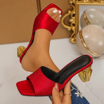 High Heeled Slippers for Women's 2026 Summer New Diamond Square Head Drill Surface Perfume Heel Fashion Versatile Wear Sandals 1