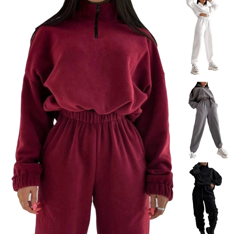 

New style Ladies Fashion Zippered Sportswear Suit Stand-Up-Collar Fleece Sweater 2-Piece Set