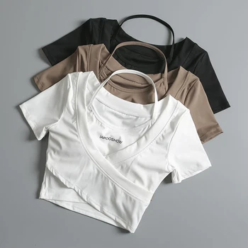 Summer Sports Crop T Shir Women Fashion with Chest Pads Slim Yoga Tops Korean Streetwear Simple Casual Halter Fake Tees New 1