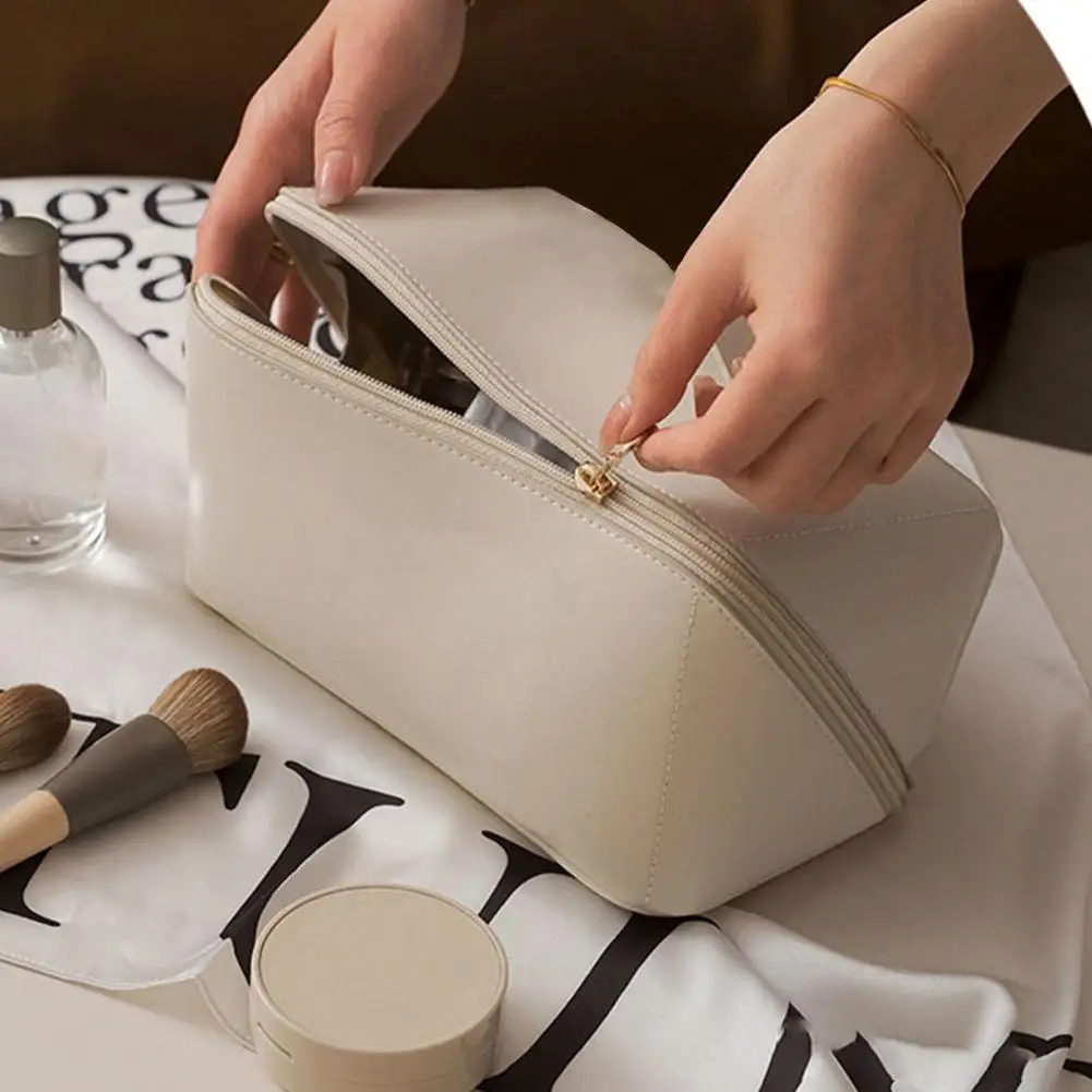 

Women Cosmetic Bag Compartments Faux Leather Waterproof Makeup Bag Toiletries Organizer Female Storage Makeup Cases