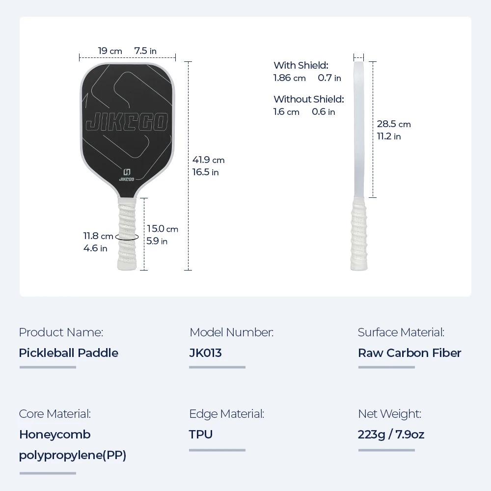 JIKEGO JK013 Elongated Raw Carbon Fiber Pickleball Paddle CFS Control Ultra Spin Pickle Balls Racket Cover 16 mm 5.9 inch Grip
