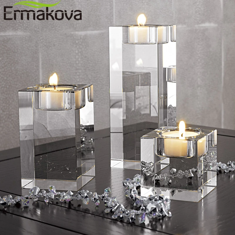 ERMAKOVA portavelas de cristal cuadrado para decoración del hogar, candelabro de cristal sólido
