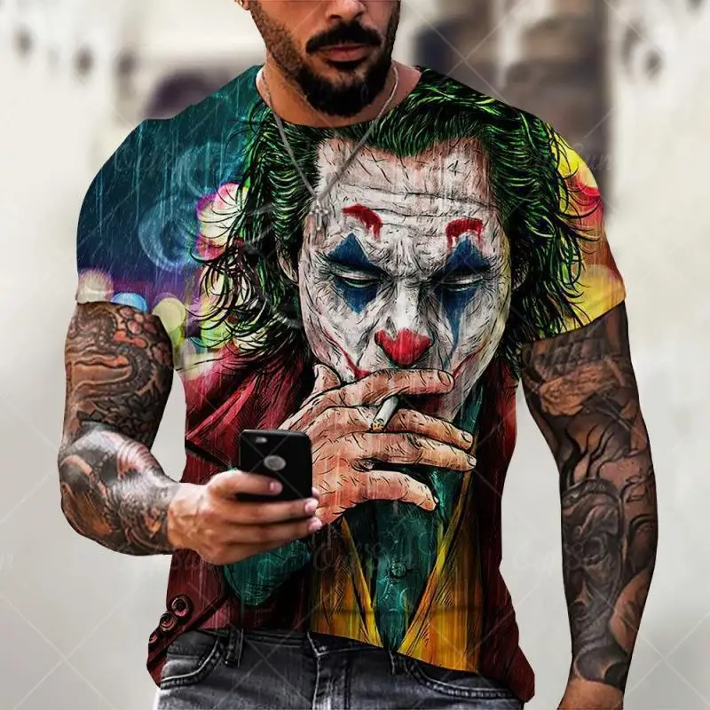 2023 Summer European and American Street Men's 3D T-shirt Theme Print Fashion Short Sleeve Top 3D Evil Mask Clown Pattern Men