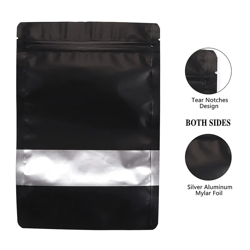 1000 Stück/Lot Wiederverschließbare Mylar-Beutel mit Fenster, schwarze Aluminium-Ziplock-Beutel, geruchsdicht, für die Aufbewahrung in der Küche, transparente Verpackungsbeutel – Detail 5