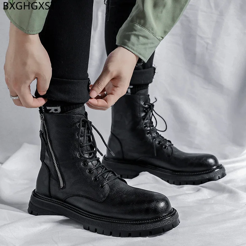 

Массивные ботинки для мужчин, мужские кожаные ботинки, мужская обувь, кожаные черные ботинки для мужчин 2024, мотоциклетная обувь на платформе, мужская обувь