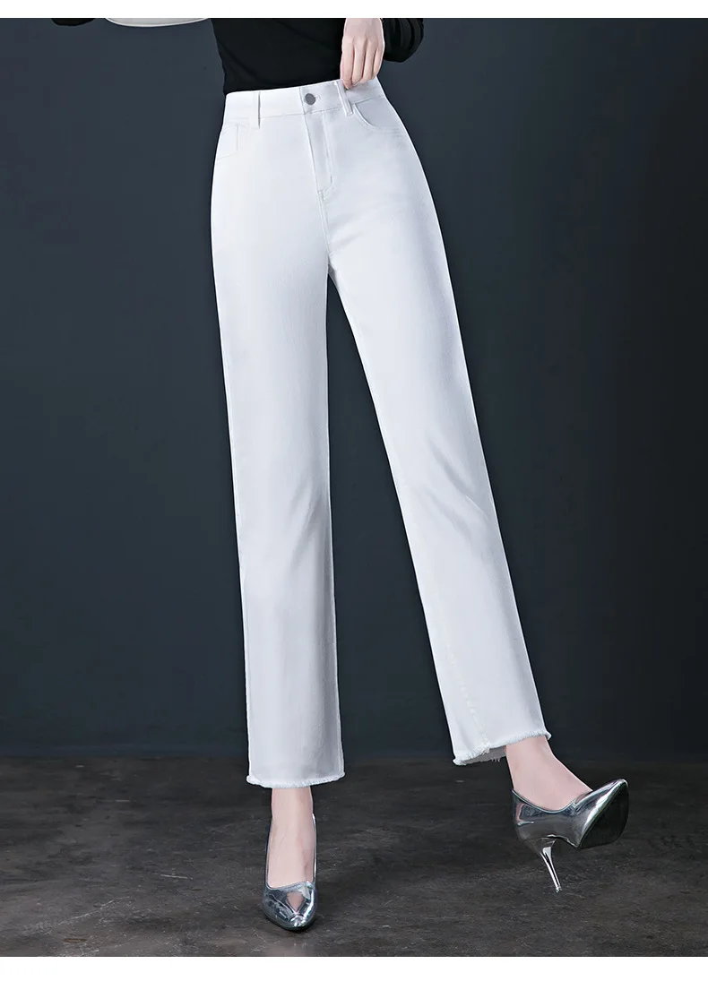 White Jeans Women Spring and Autumn High-waisted Loose Straight-leg Stretch  Cropped Trousers Pants Work Pants with Pockets - AliExpress