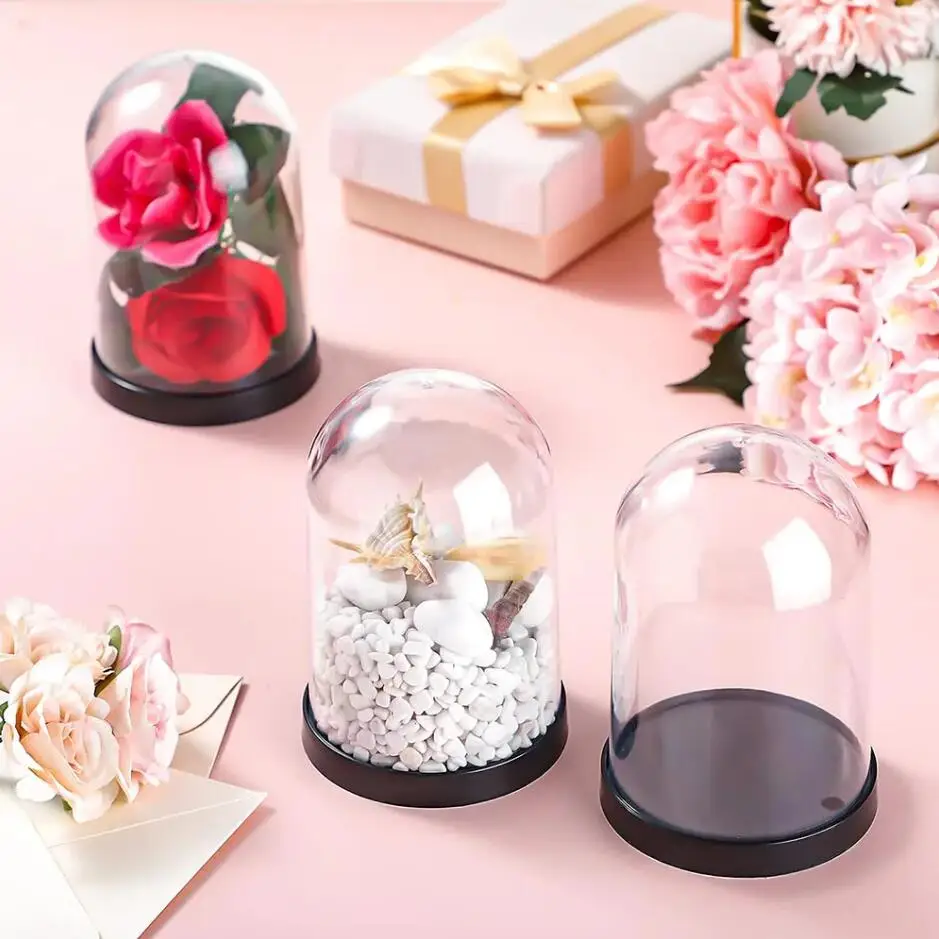 50/100X 15x9cm 홈 장식 꽃병 플라스틱 꽃 디스플레이 Cloche 벨 항아리 아크릴 병 기본 먼지 커버 디스플레이 불멸의 상자