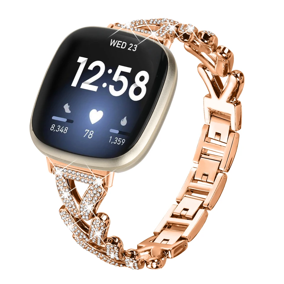 Bracelet En Métal Avec Strass Pour Fitbit Versa 4/Sense 2/Versa 3/Sense - Acier Inoxydable, Réglable