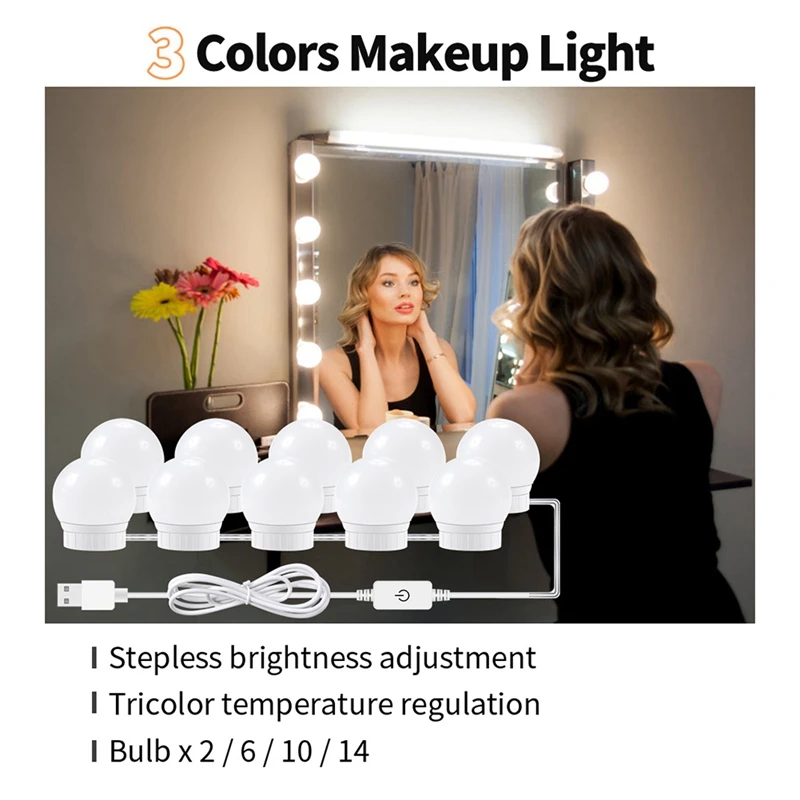 3 Modes Colors Makeup Mirror Light Make Up Mirror Wall Lamp Vanity With Lights USB 12V Hollywood