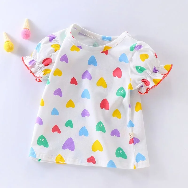 

Girls' Short Sleeved T-shirt Summer Light Thin Colorful Love Print Sweet Tees Children's Korean Small Fresh Home Casual Tops