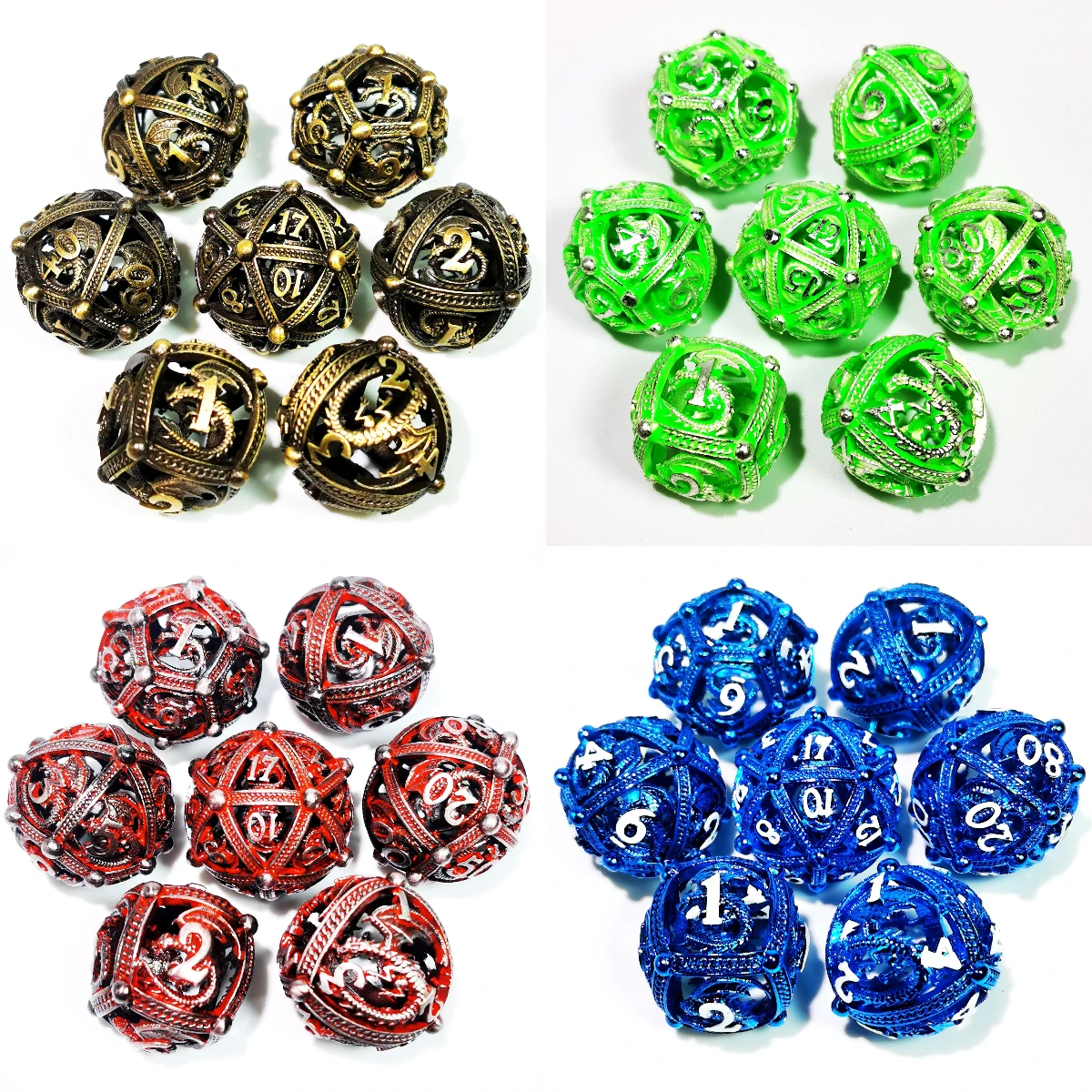 DnD Dice Set - 7 Piece Zinc Alloy Metal Hollow Dice, Red Pattern for RPG & Tabletop Games 6