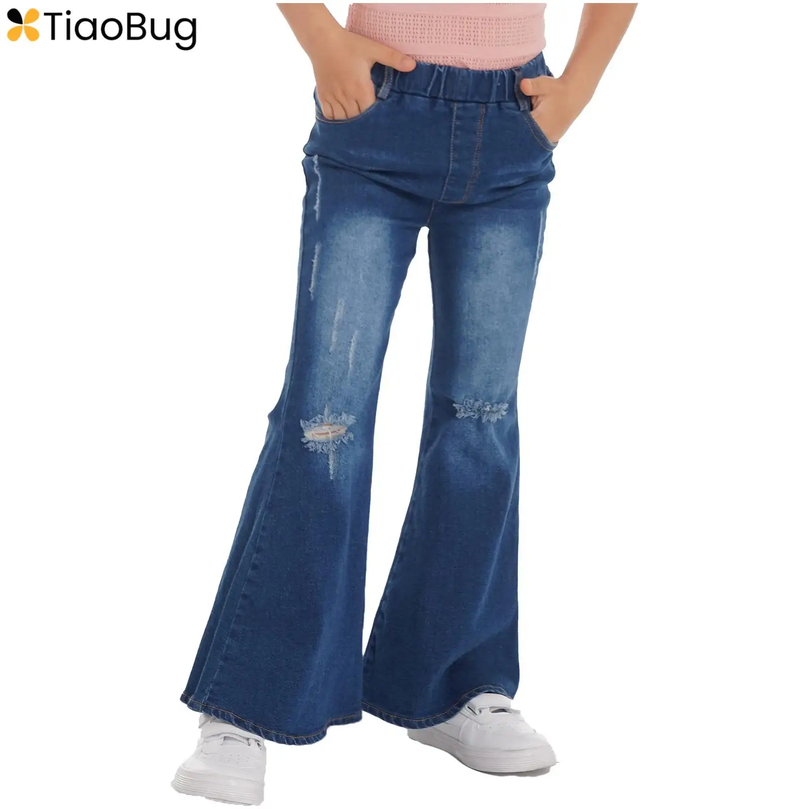 Kids Girls Pants Elastic Waistband Ripped Denim Flare Jeans Hollow Knee Bell-bottom Trousers Slim Fit Long Pants Casual Clothes