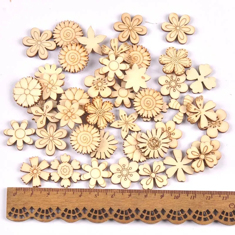 100 Pezzi Di Legno Grezzo Per Hobby Creativi - Forma Di Fiore E Foglia - Ritagli Per Decorazioni Fai Da Te E Crafting - 3