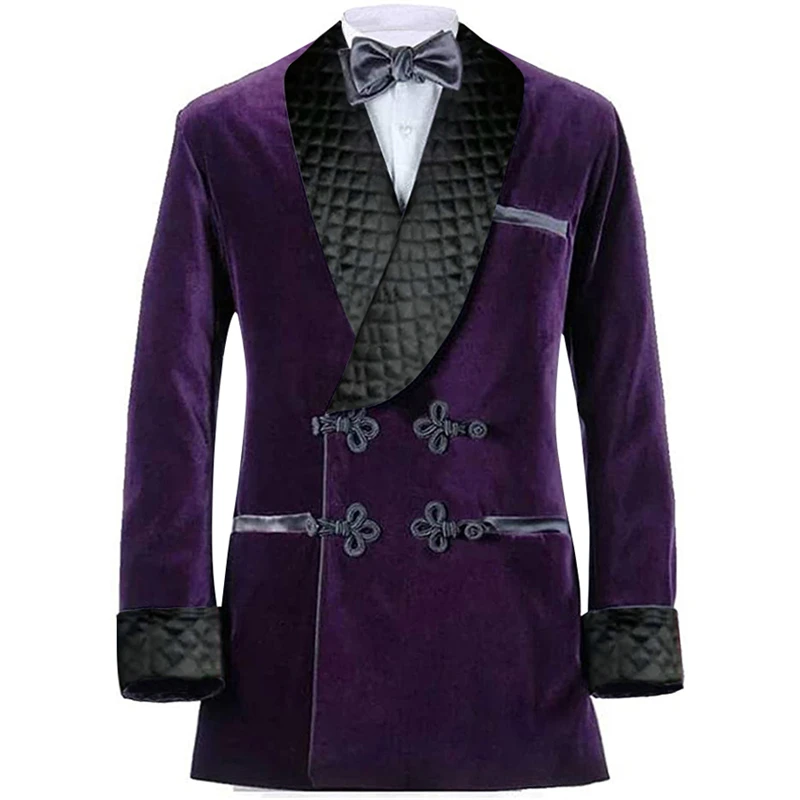 Men Suits Jackets Purple Velvet Men Suit Jacket Shawl Lapel Long Blazer with Double Breasted Dinner Party Wedding Tuxedo