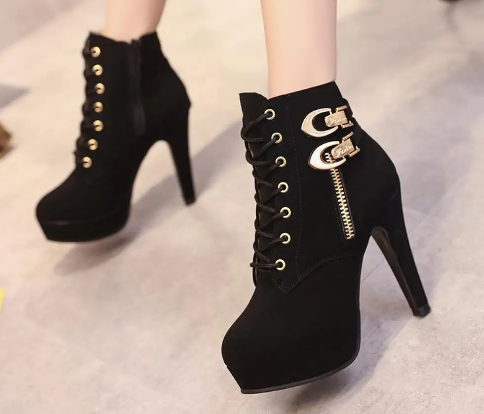 New Black Boots Women Shoes Women Fashion High Heel Lace-Up Ankle Boots Ladies Buckle Platform Artificial Leather Shoes boots