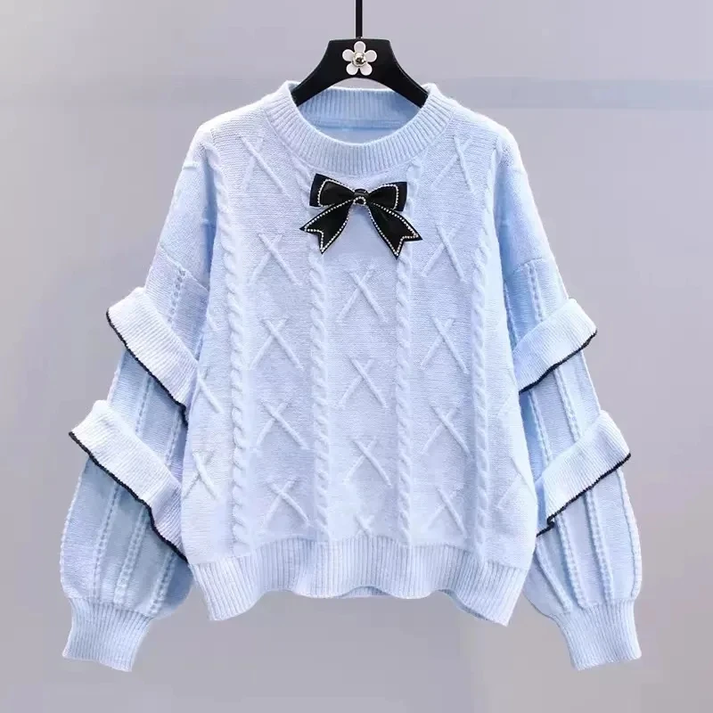 Autumn Winter Women Sweet Bowknot Sweater Wide Leg Pants 1 or 2 Piece Set Korean Lady Knit Tops Trousers Outfits 2023 Knitwear