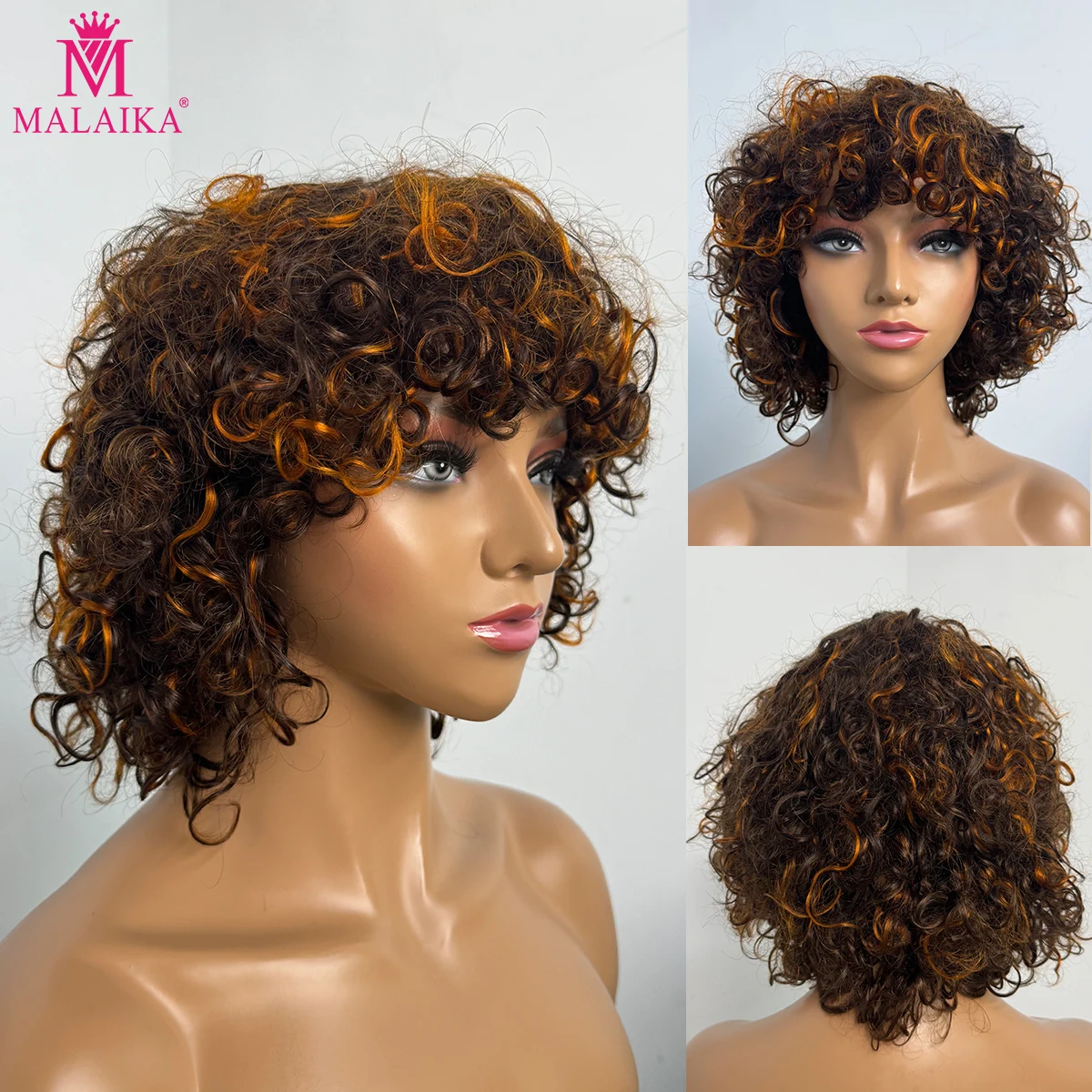 

Ginger 200 Density Full Machine Made Water Wave Human Hair Wig with Bangs Short Jerry Curly Human Hair Bob Wigs 12inch for Women