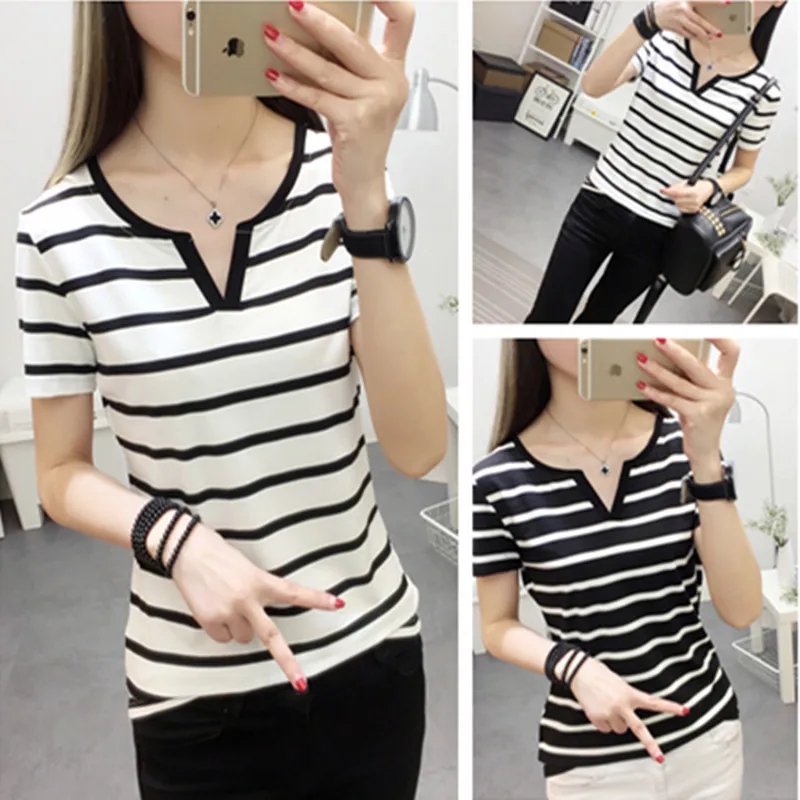 

Woman's Tshirts superior quality spring/summer V neck striped short sleeve fashionable Ladies tops dropshipping ZBBA03