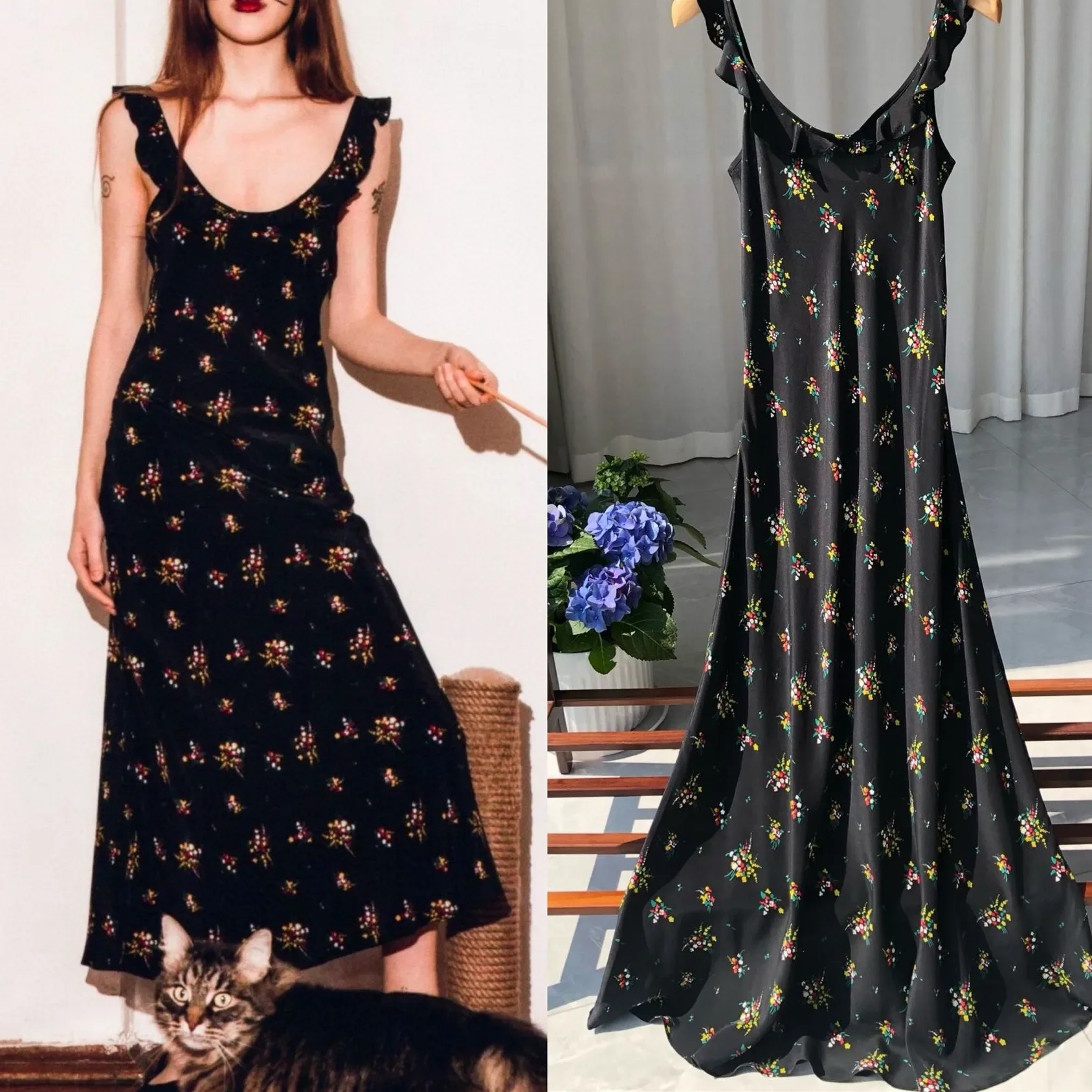 

Sling Dress for Women 2023 New 100% Silk Floral Print Off-shoulder Bohemian Flying Sleeve Maxi Robe