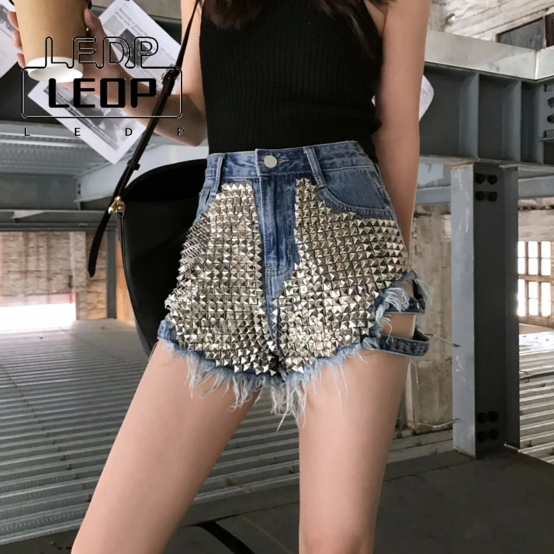 

Ladies Shorts Fashion Studded Denim Shorts Loose Ripped High Waist Jeans Wide Leg Distressed Retro Sexy Shorts Women Streetwear