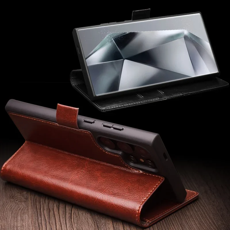 Genuine Leather Phone Case QIALINO Business Style Fashion Luxury Card Slots Cover For Samsung S24+ Plus 5G S24 Ultra 5G