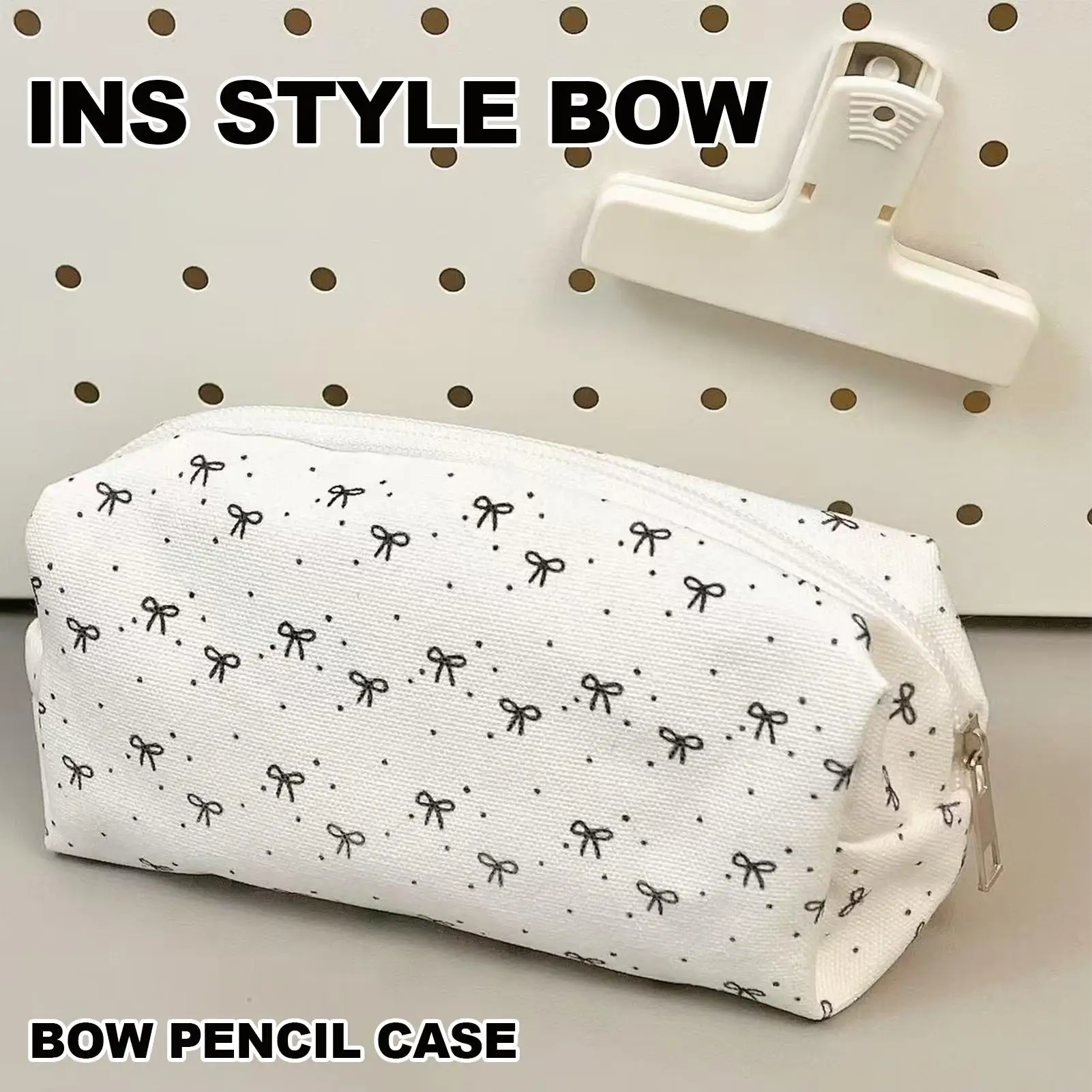 Astuccio di grande capacità con decorazione a fiocco bianco e nero, graziosa custodia per cancelleria per studentesse, borsa cosmetica multifunzionale - immagine 2