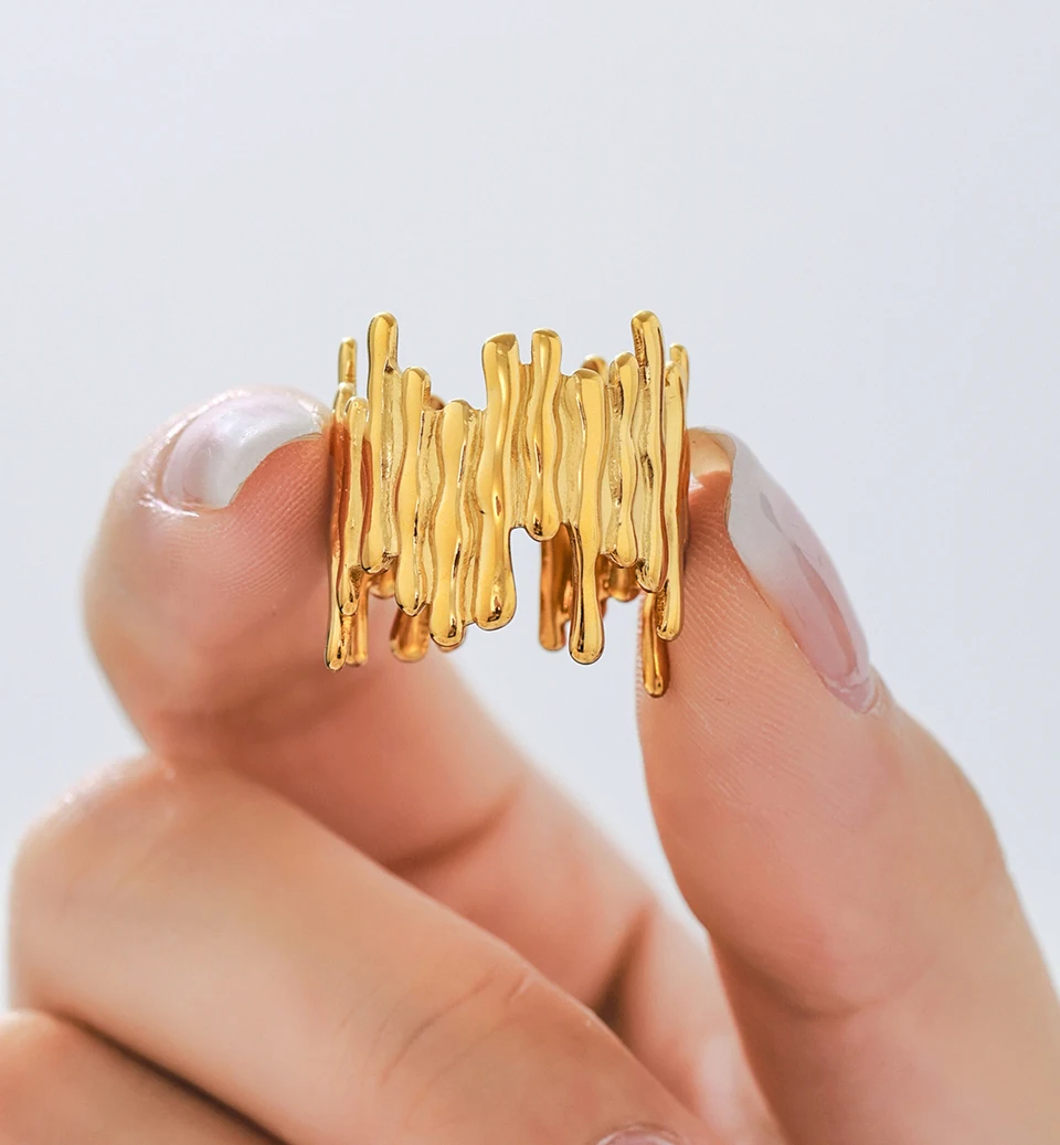 Lava unregelmäßige Edelstahlringe für Damen und Herren, 18 Karat vergoldet, wasserdicht, verstellbar, offener Ring, Schmuck, Geschenk – Detail 8