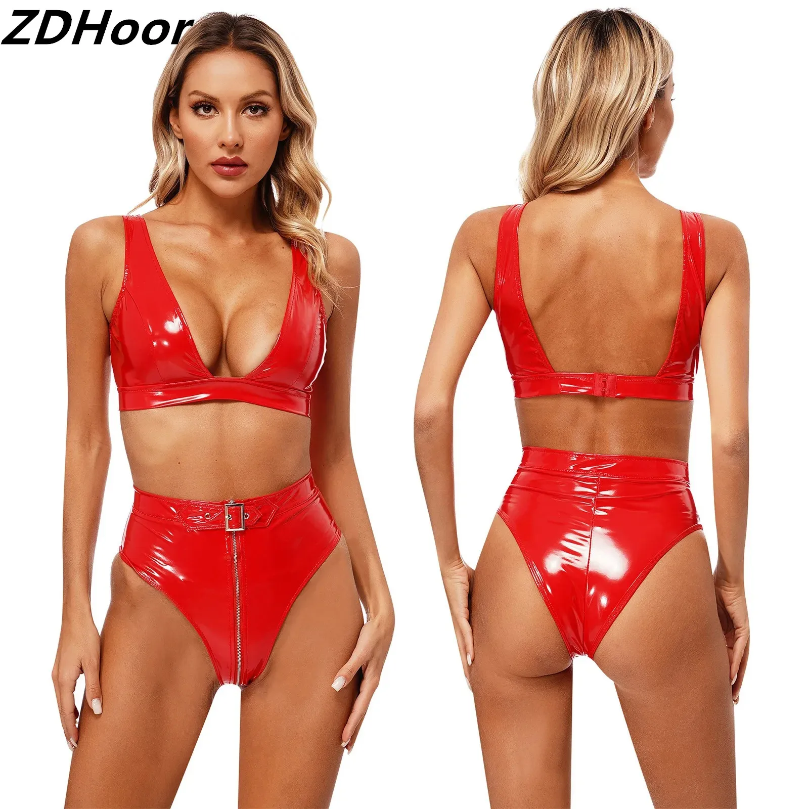 

Womens Wet Look Patent Leather Lingerie Set Clubwear Low-Cut Crop Bra Top with High Waist Zipper Front Briefs